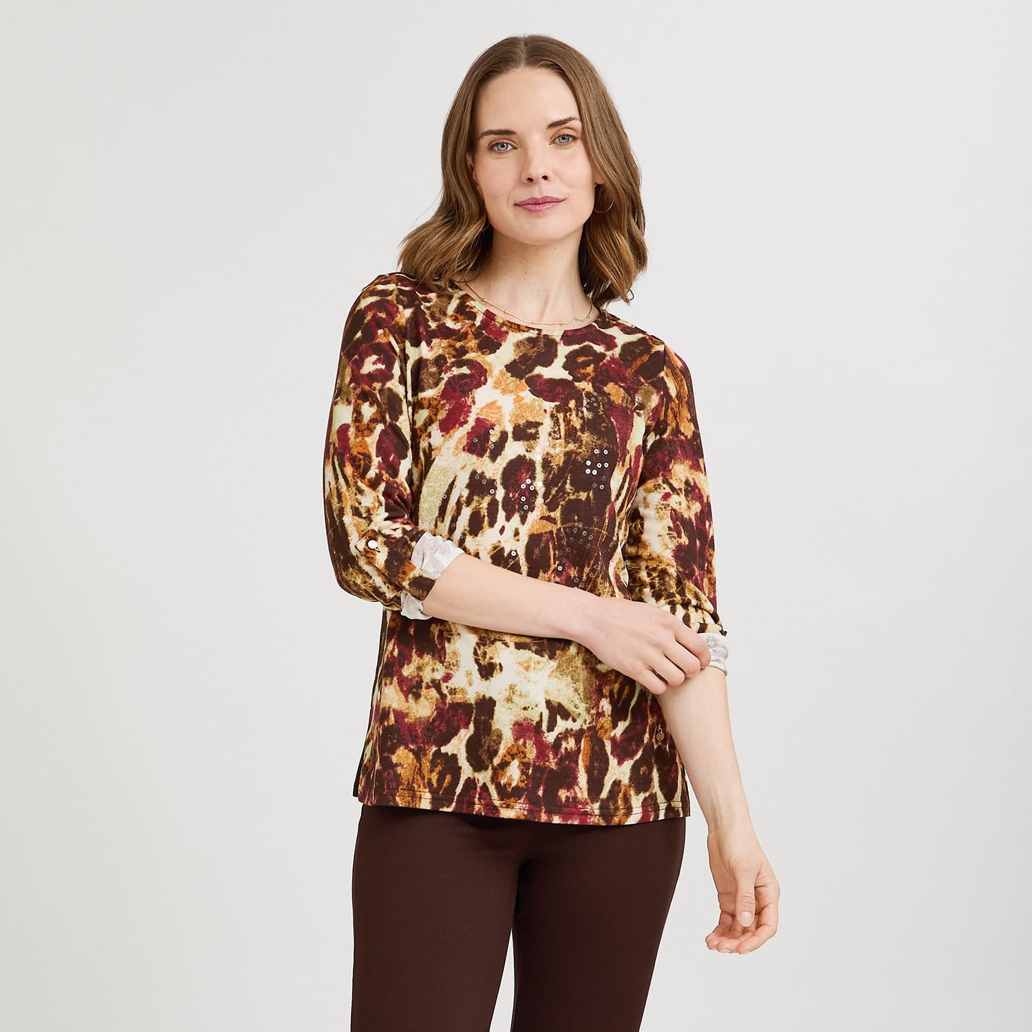 Polera Lanilla Estampada con Aplicación de Lentejuelas Café